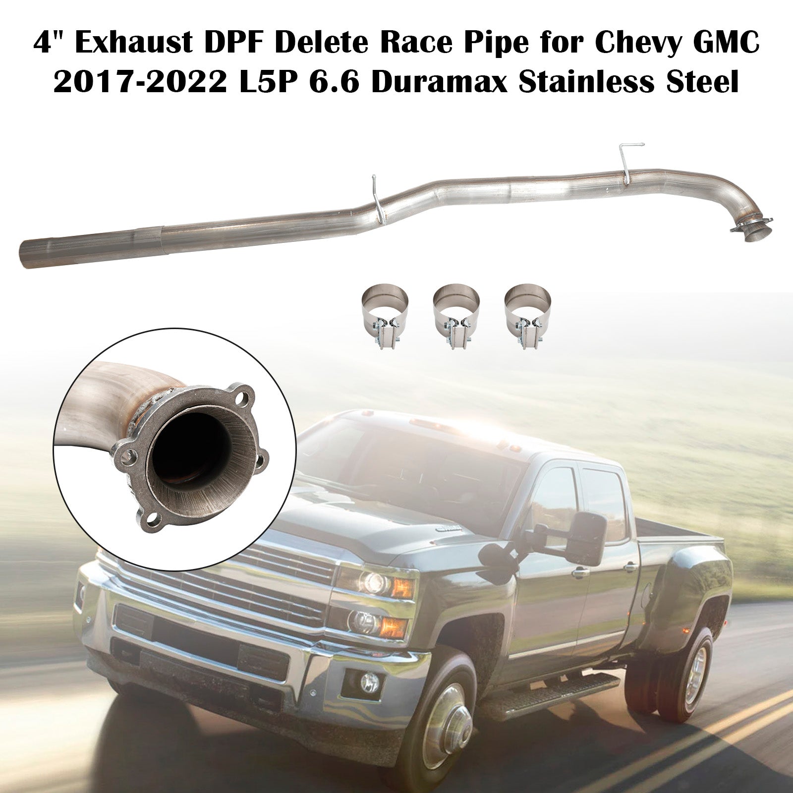 2017-2022 4" Exhaust DPF Delete Race Pipe for Chevy GMC Sierra 2500 3500 HD L5P 6.6L Duramax Stainless Steel Generic