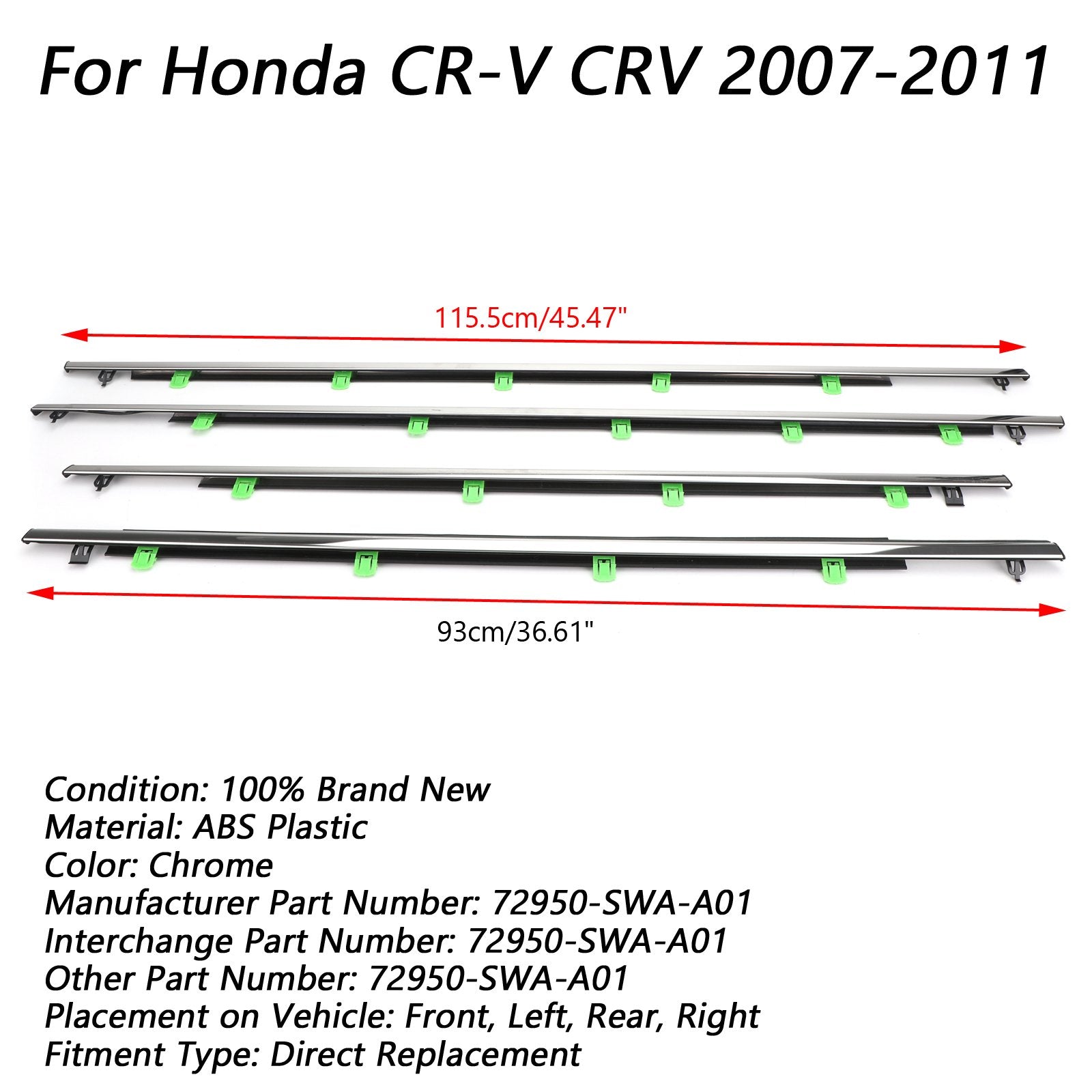 2007-2011 Honda CR-V CRV 4PCS Car Window Moulding Trim Weatherstrips Seal 72950-SWA-A01 Generic